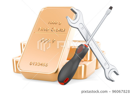 Golden bullions with screwdriver and wrench, 3D rendering Golden bullions with screwdriver and wrench, 3D rendering 96067828