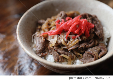 Gyudon Japanese beef rice bowl in close up Japanese local food Gyudon Japanese beef rice bowl in close up Japanese local food 96067996