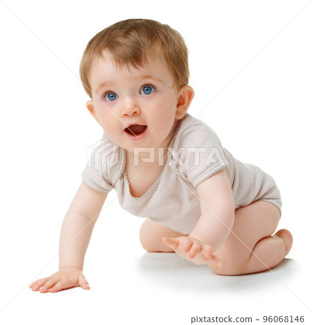 From crawling to walking. A cute little baby isolated on white. From crawling to walking. A cute little baby isolated on white. 96068146