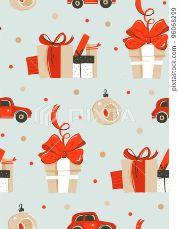 Hand drawn vector abstract fun Merry Christmas time cartoon illustration seamless pattern with surprise gift boxes,Christmas tree toy and red car isolated on blue background 96068299