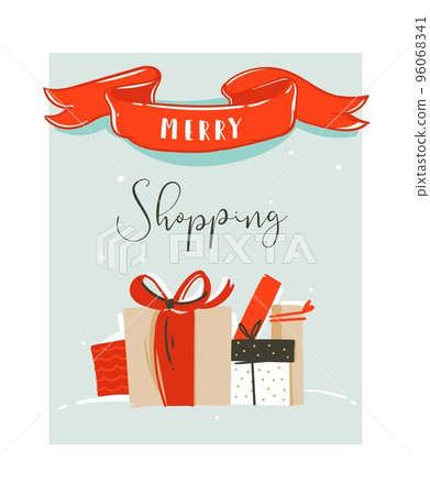 Hand drawn vector abstract fun Merry Christmas time cartoon illustration card with Christmas surprise gift boxes 96068341