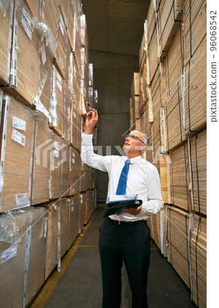 Getting the job done is vital. A manager standing in an aisle in a warehouse examining the cardboard containers. Getting the job done is vital. A manager standing in an aisle in a warehouse examining the cardboard containers. 96068542