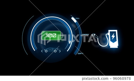 Electric car battery indicator showing an increasing battery charge. Conceptual green energy in car industry. Electric car charging at charging station. Concept of green energy and eco power. 96068978