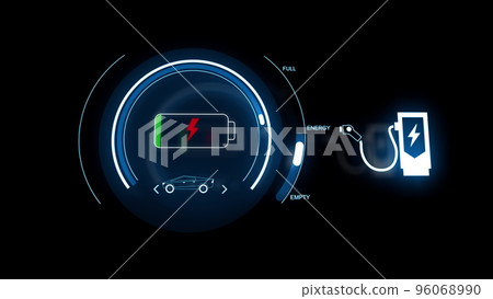 Electric car battery indicator showing an increasing battery charge. Conceptual green energy in car industry. Electric car charging at charging station. Concept of green energy and eco power. Electric car battery indicator showing an increasing battery charge. Conceptual green energy in car industry. Electric car charging at charging station. Concept of green energy and eco power. 96068990