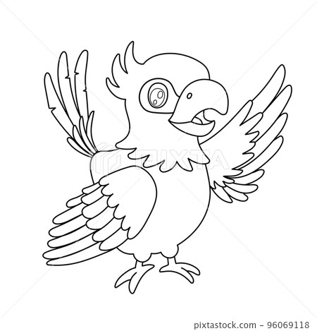 Line parrot bird standing and wave wing. Outline cartoon character isolated on white for coloring book 96069118