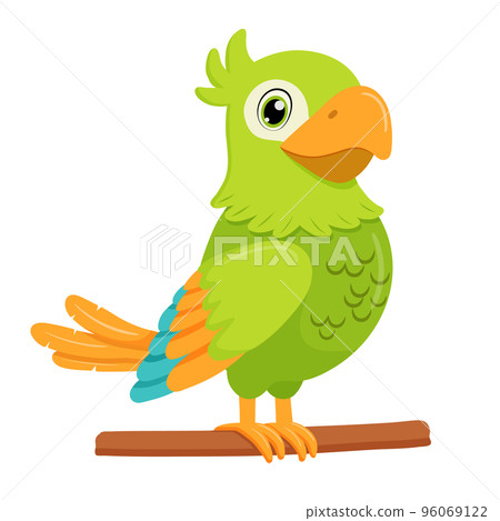 Green parrot bird standing on branch. Flat cartoon character isolated on white. Green parrot bird standing on branch. Flat cartoon character isolated on white. 96069122