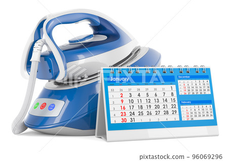 Steam generator iron with desk calendar, 3D rendering Steam generator iron with desk calendar, 3D rendering 96069296
