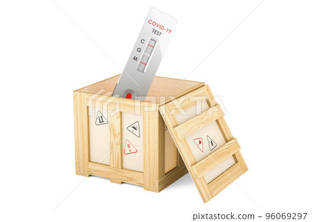 Test COVID-19 coronavirus, rapid test cassette inside wooden box, delivery concept. 3D rendering Test COVID-19 coronavirus, rapid test cassette inside wooden box, delivery concept. 3D rendering 96069297
