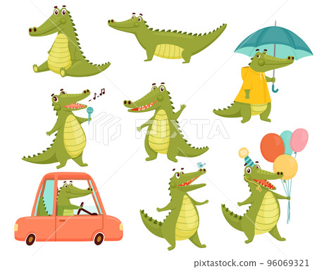 Big set Cute funny Crocodile. Green Alligator isolated on white. Cartoon Vector Illustration adorable Animal Character 96069321