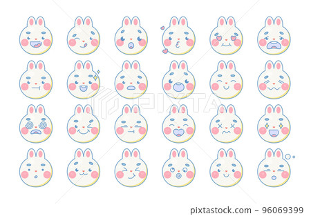 Set of cute cartoon rabbit emoji. Isolated sticker pack on white background. Kawaii vector illustration in modern style. 96069399