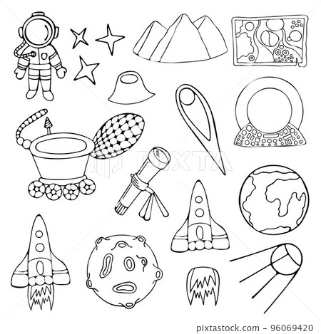 Hand Drawn Space Set. Black and White Galaxy Collection Isolated on White Background. 96069420