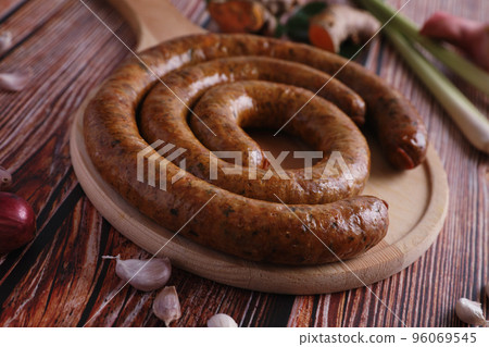 Local Northern Thai food , Northern Thai spicy sausage street food isolated in white background Local Northern Thai food , Northern Thai spicy sausage street food isolated in white background 96069545