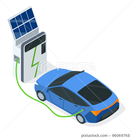 Isometric electric eco transport. Electromobile, vehicle charging station with solar panels, flat vector illustration. Powered by electricity Isometric electric eco transport. Electromobile, vehicle charging station with solar panels, flat vector illustration. Powered by electricity 96069768
