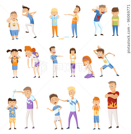 Kids bullying set. Childish bullies or verbal and physical conflict between children. Bad childs behavior, scared and strong angry children conflict, cartoon characters confrontatio 96069771