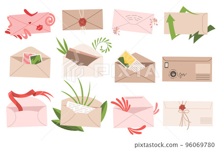Envelopes postcards and letters. Isolated card with stamps and seals in flat style. Set of various craft paper stationery or handmade cards isolated paper mail. Stylish mail letters Envelopes postcards and letters. Isolated card with stamps and seals in flat style. Set of various craft paper stationery or handmade cards isolated paper mail. Stylish mail letters 96069780