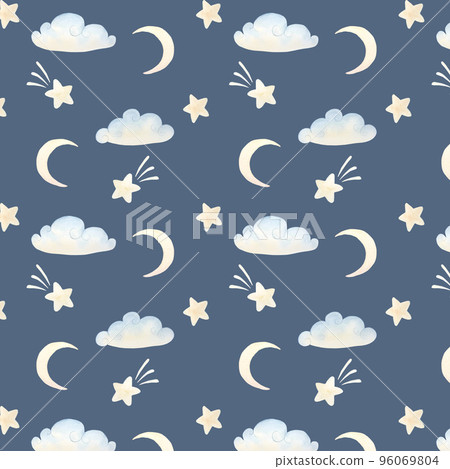 Watercolor minimalistic pattern with stars, clouds and moons on blue background Watercolor minimalistic pattern with stars, clouds and moons on blue background 96069804