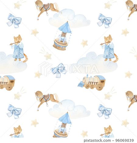Watercolor pattern with vintage cute fairy tale cats, carouseles, horses, bows, clouds, stars Watercolor pattern with vintage cute fairy tale cats, carouseles, horses, bows, clouds, stars 96069839