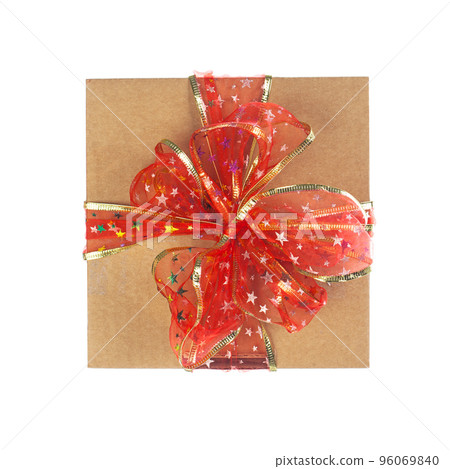 Gift box with red and gold ribbon isolated on white background, top view Gift box with red and gold ribbon isolated on white background, top view 96069840