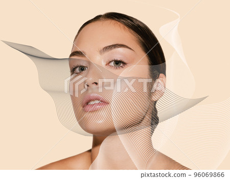 Portrait of young beautiful woman with clean face over beige background. Collagen face treatment Portrait of young beautiful woman with clean face over beige background. Collagen face treatment 96069866