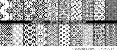 Geometric floral set of seamless patterns. White and black vector backgrounds. Simple illustrations. Geometric floral set of seamless patterns. White and black vector backgrounds. Simple illustrations. 96069942