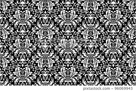 Wallpaper in the style of Baroque. Seamless vector background. White and black floral ornament. Graphic pattern for fabric, wallpaper, packaging. Ornate Damask flower ornament Wallpaper in the style of Baroque. Seamless vector background. White and black floral ornament. Graphic pattern for fabric, wallpaper, packaging. Ornate Damask flower ornament 96069943