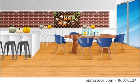 Thanksgiving Background Scene with Kitchen and Dining Table. Vector Illustration 96070124