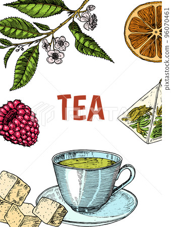 Herbal Tea bag card. Teapot, cup, sugar, plants, landscape, raspberries, croissant, lemon, chamomile Herbal Tea bag card. Teapot, cup, sugar, plants, landscape, raspberries, croissant, lemon, chamomile 96070461