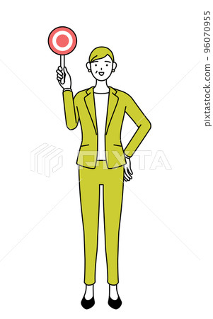 Simple line drawing illustration of a senior woman in a suit holding a circle stick showing the correct answer, a female manager/career woman Simple line drawing illustration of a senior woman in a suit holding a circle stick showing the correct answer, a female manager/career woman 96070955