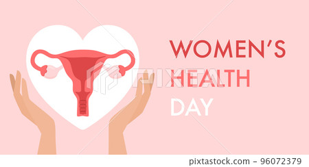 Womens health day banner. Illustration uterus in hands. . Vector illustration 96072379