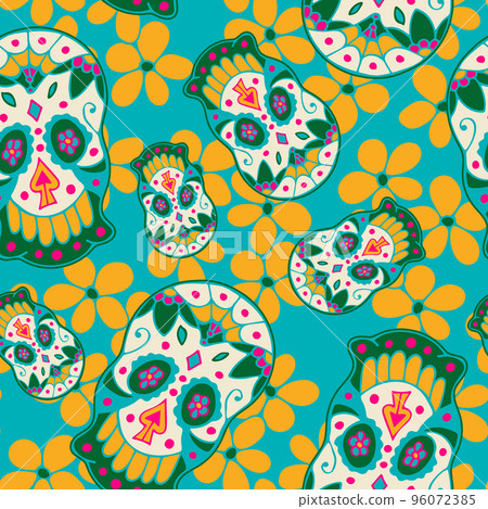 Colorful Seamless Pattern with Traditional Mexican Hand Drawn Skull. Colorful Seamless Pattern with Traditional Mexican Hand Drawn Skull. 96072385