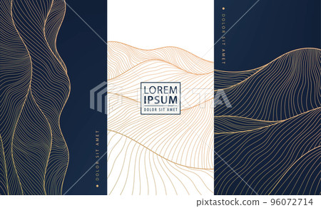 Set of vector collection design elements: labels, frames, wedding invitations, social net stories, packaging, luxury products, perfume, soap, wine, lotion. Wavy japan mountain line golden backgrounds. 96072714