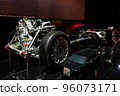 Car chassis, engine with connected gearbox, exhaust manifold, cardan shaft, suspension. Mild hybrid system, 96073171