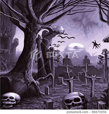 skeletons for the halloween holiday on the background of the gothic grave, vector illustration. Gothic background 96073856