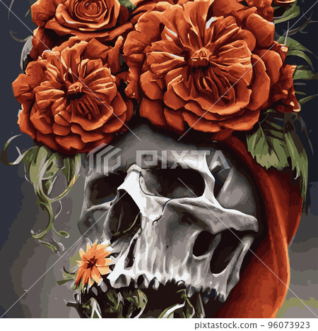 Skull with flowers, roses and pumpkins for Halloween. Vector illustration for autumn halloween holiday in vintage old style. Gothic romantic human skull 96073923