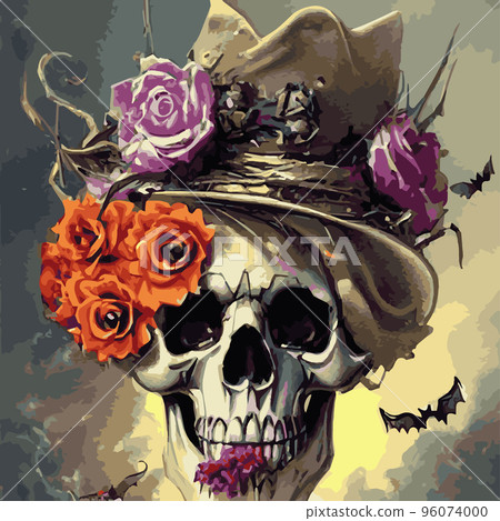 Skull with flowers, roses and pumpkins for Halloween. Vector illustration for autumn halloween holiday in vintage old style. Gothic romantic human skull 96074000