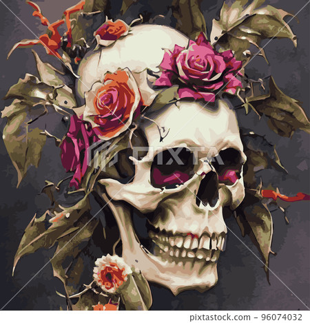 Human skull, exotic tropical flowers. Day of the dead skulls and flowers, vintage vector illustration Typographic poster inspiration, hand drawn t-shirt style. Skull and roses Human skull, exotic tropical flowers. Day of the dead skulls and flowers, vintage vector illustration Typographic poster inspiration, hand drawn t-shirt style. Skull and roses 96074032