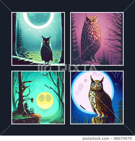 Owl. Realistic bird on dark moon forest background. Vector illustration. Predatory forest bird. Sketch hand drawing. Black and white. Vintage. Dark night background. Flat. Vector illustration set Owl. Realistic bird on dark moon forest background. Vector illustration. Predatory forest bird. Sketch hand drawing. Black and white. Vintage. Dark night background. Flat. Vector illustration set 96074079