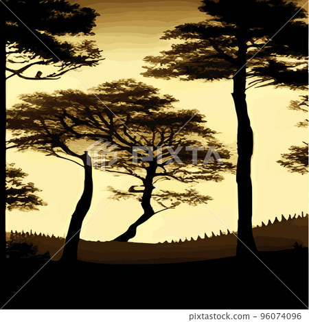 Vintage oak forest. Winter and summer tree. Hand drawn vector illustration. Retro style. old trees. fern and frond outline, botanical flora tropical illustration 96074096