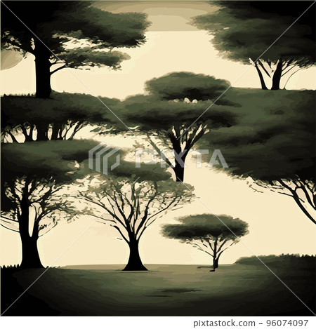 Vintage oak forest. Winter and summer tree. Hand drawn vector illustration. Retro style. old trees. fern and frond outline, botanical flora tropical illustration Vintage oak forest. Winter and summer tree. Hand drawn vector illustration. Retro style. old trees. fern and frond outline, botanical flora tropical illustration 96074097
