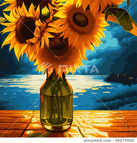 vector illustration, sunflower flower, sunset rural landscape oil painting with golden sunflower field. Warm sunset light and orange hills in the background vector illustration, sunflower flower, sunset rural landscape oil painting with golden sunflower field. Warm sunset light and orange hills in the background 96074098