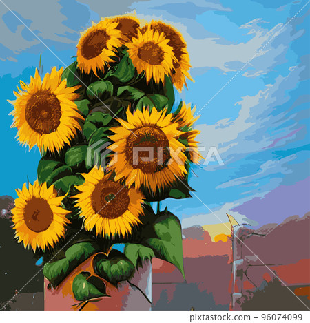 vector illustration, sunflower flower, sunset rural landscape oil painting with golden sunflower field. Warm sunset light and orange hills in the background vector illustration, sunflower flower, sunset rural landscape oil painting with golden sunflower field. Warm sunset light and orange hills in the background 96074099
