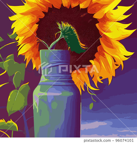 vector illustration, sunflower flower, sunset rural landscape oil painting with golden sunflower field. Warm sunset light and orange hills in the background vector illustration, sunflower flower, sunset rural landscape oil painting with golden sunflower field. Warm sunset light and orange hills in the background 96074101