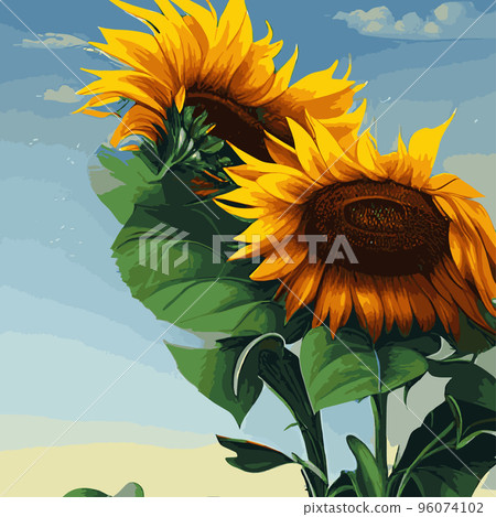 vector illustration, sunflower flower, sunset rural landscape oil painting with golden sunflower field. Warm sunset light and orange hills in the background 96074102