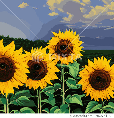vector illustration, sunflower flower, sunset rural landscape oil painting with golden sunflower field. Warm sunset light and orange hills in the background 96074109
