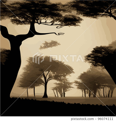 Vintage oak forest. Winter and summer tree. Hand drawn vector illustration. Retro style. old trees. fern and frond outline, botanical flora tropical illustration 96074111