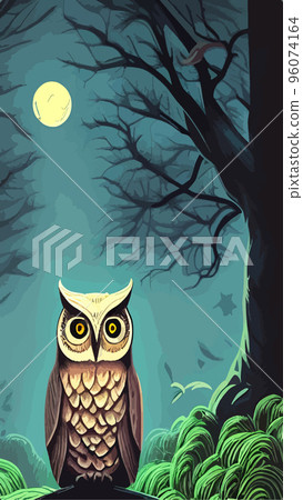 cartoon illustration owl sitting forest under full moon. vertical vector illustration. owl sits branch looks seriously wisely. Fairy forest looks magical. Beautiful powerful bird forest suitable cartoon illustration owl sitting forest under full moon. vertical vector illustration. owl sits branch looks seriously wisely. Fairy forest looks magical. Beautiful powerful bird forest suitable 96074164