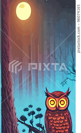 cartoon illustration owl sitting forest under full moon. vertical vector illustration. owl sits branch looks seriously wisely. Fairy forest looks magical. Beautiful powerful bird forest suitable cartoon illustration owl sitting forest under full moon. vertical vector illustration. owl sits branch looks seriously wisely. Fairy forest looks magical. Beautiful powerful bird forest suitable 96074165
