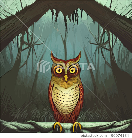 Owl. Realistic bird on dark moon forest background. Dark night background. autumn fairy tale art. Fashion template for clothes vector cartoon style owl 96074184