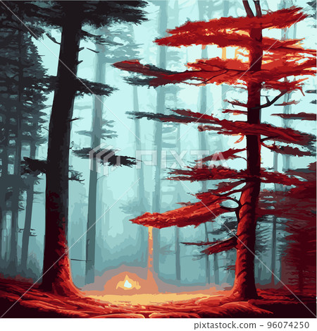 mysterious forest. Background landscape at night twilight foggy forest. Cartoon colored illustration of taiga dark coniferous forest forests. enchanted forest at night. mysterious forest. Background landscape at night twilight foggy forest. Cartoon colored illustration of taiga dark coniferous forest forests. enchanted forest at night. 96074250