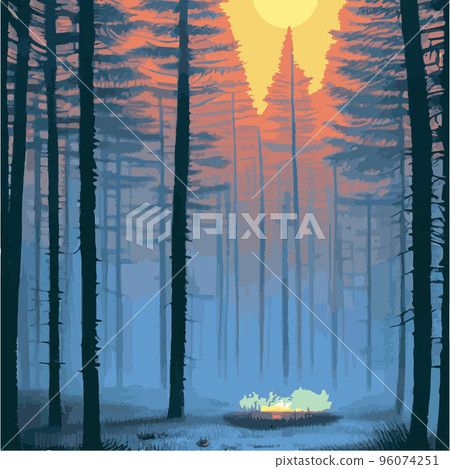 mysterious forest. Background landscape at night twilight foggy forest. Cartoon colored illustration of taiga dark coniferous forest forests. enchanted forest at night. mysterious forest. Background landscape at night twilight foggy forest. Cartoon colored illustration of taiga dark coniferous forest forests. enchanted forest at night. 96074251